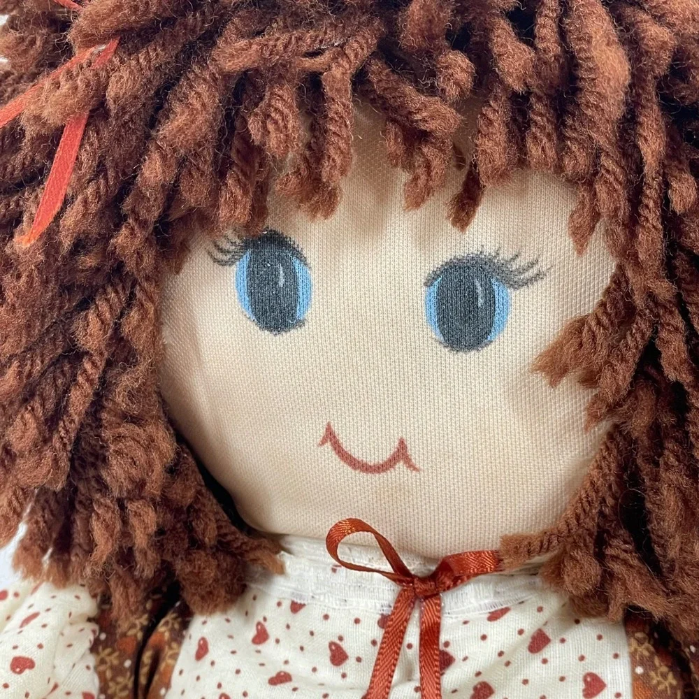 Vintage Handmade Rag Doll Brown Yarn Hair Floral Dress Lace Bloomers 29